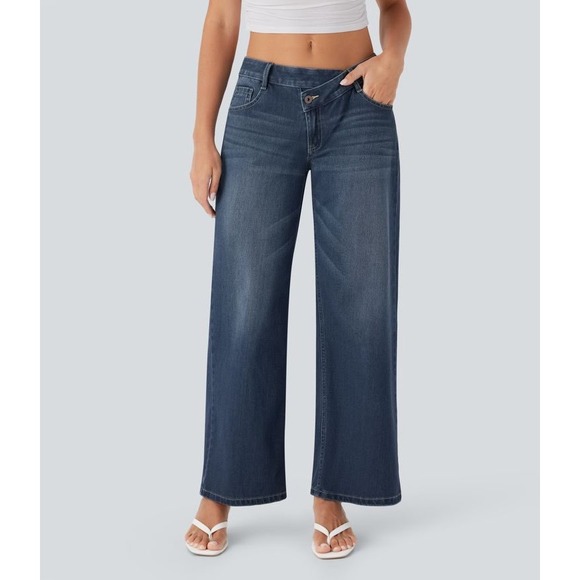 HALARA Denim - Halara Flex Asymmetric Crossover Waist Baggy Wide Leg Jeans Size L Regular